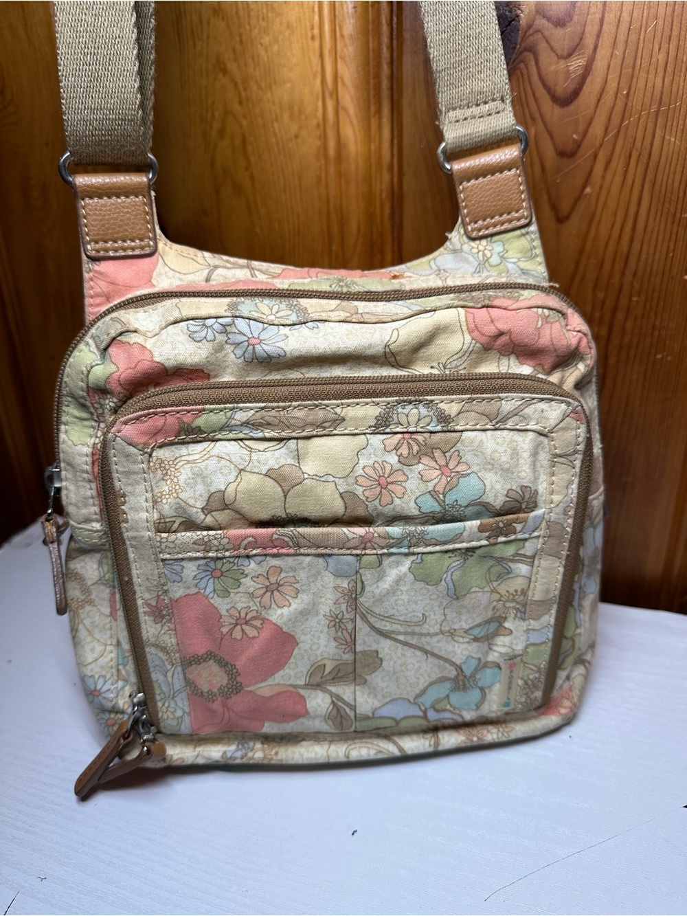 Fossil Floral Canvas Crossbody in Cream with Pink, Blue, Green and Tan Accents